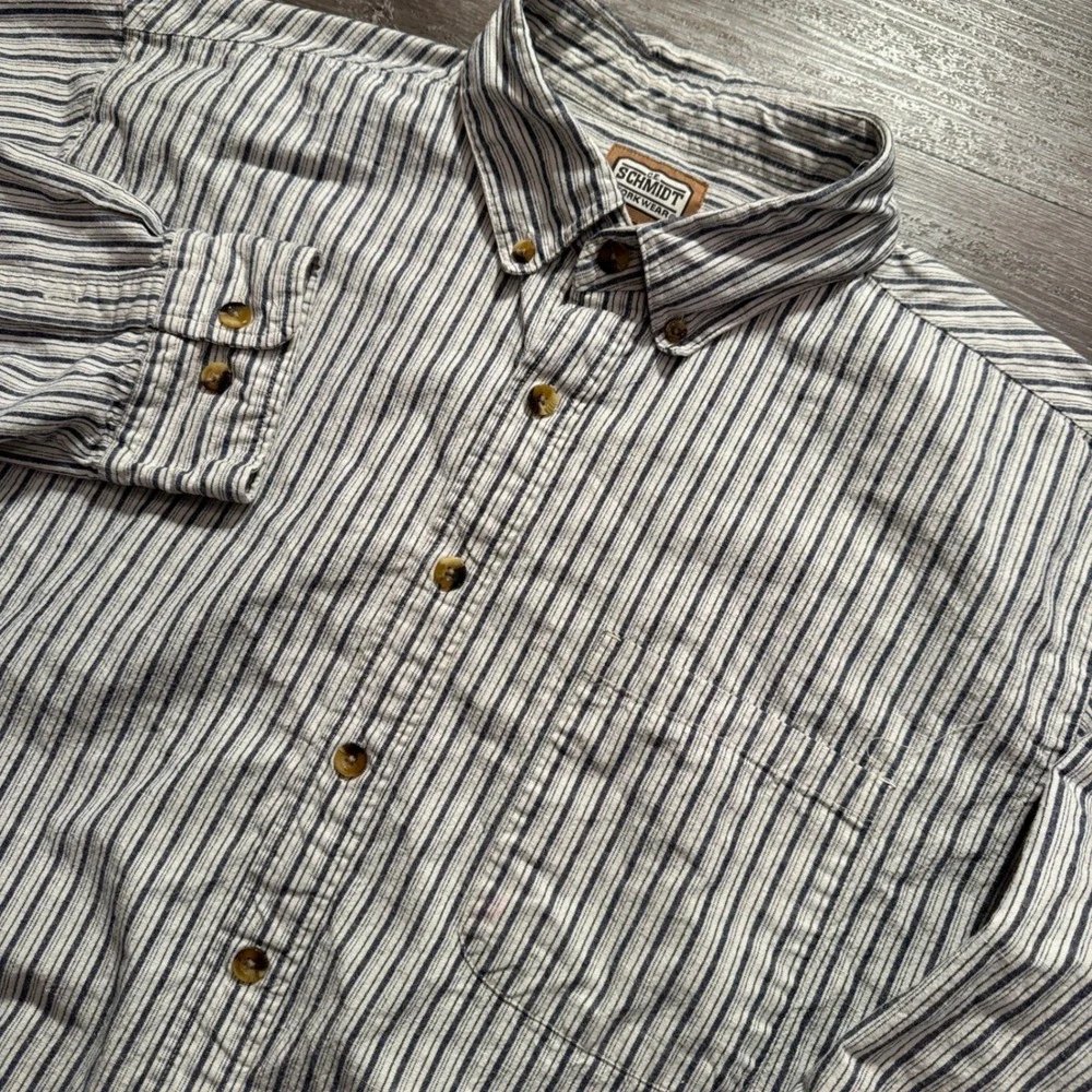 Vintage Schmidt Shirt Men 2XL Blue White Striped Cotton Workwear Rugged Heritage